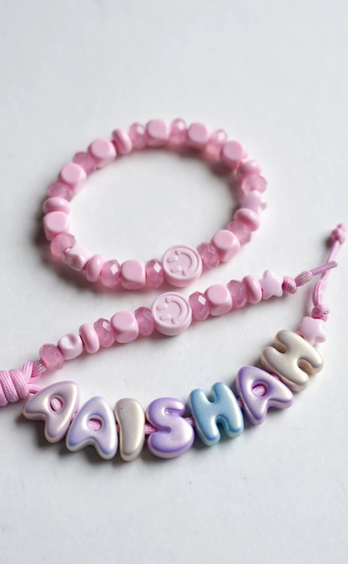 Pastel bubble-letter name bracelet spelling AAISHAH with a matching pink bead bracelet
