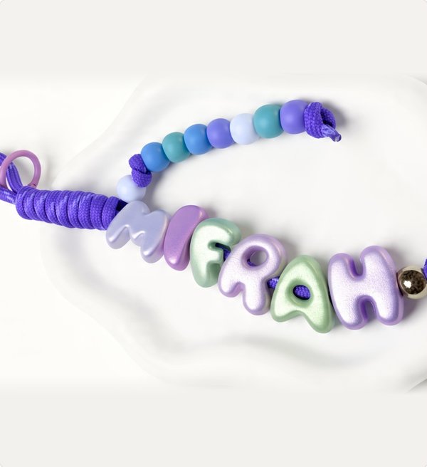 Mint and lilac letter keychain spelling MIRHAH