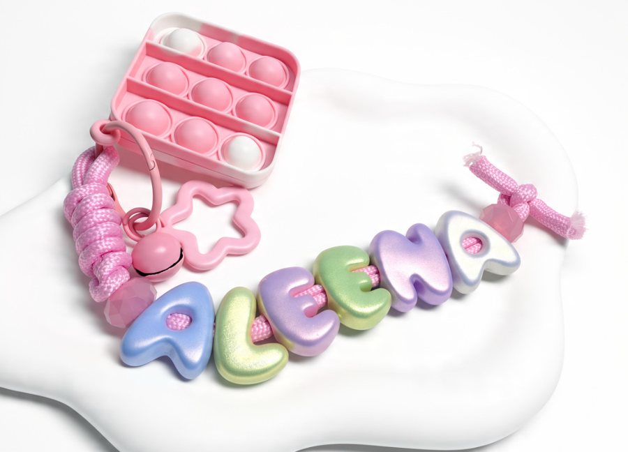 Pink paracord keychain spelling ALEENA with a pop-it fidget, bell and star ring
