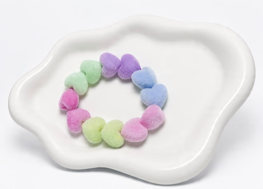 Fuzzy heart-shaped beads in mint, lavender, blue, pink and lime