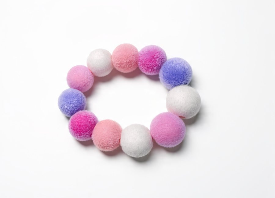 Fuzzy pom-pom bead bracelet in pink, lavender and white