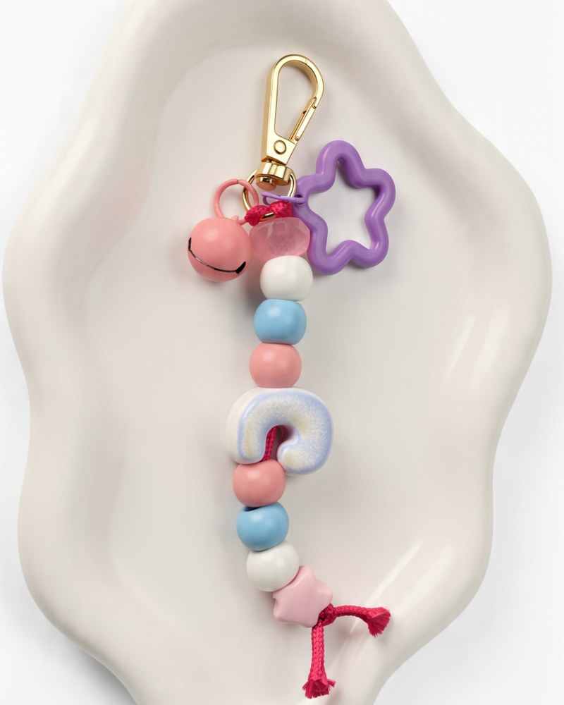 Single initial C keychain with pastel pink, blue and white beads, a pink bell, a purple flower ring and a gold clasp