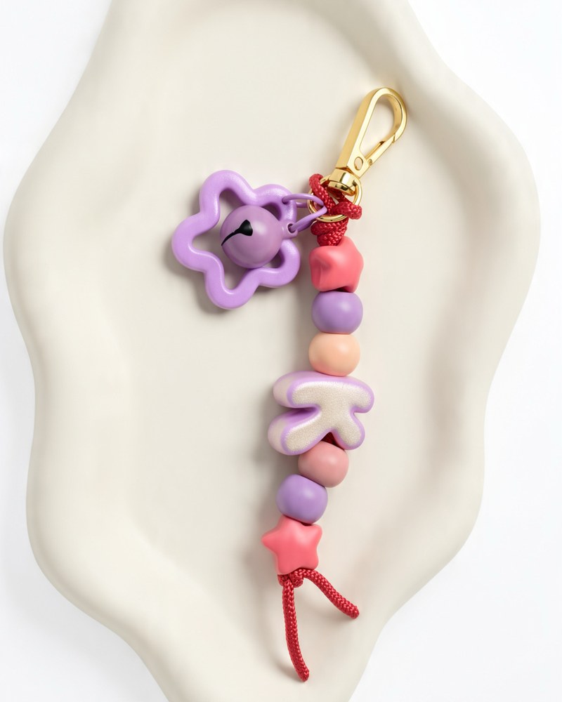 Single initial K keychain with purple, pink and peach beads, pink star beads, a purple bell and flower ring and a gold clasp