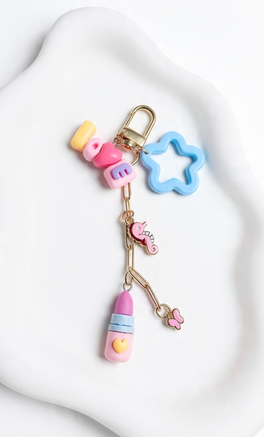 Bag charm with LOVE letters, a blue star ring, seahorse charm and lipstick charm