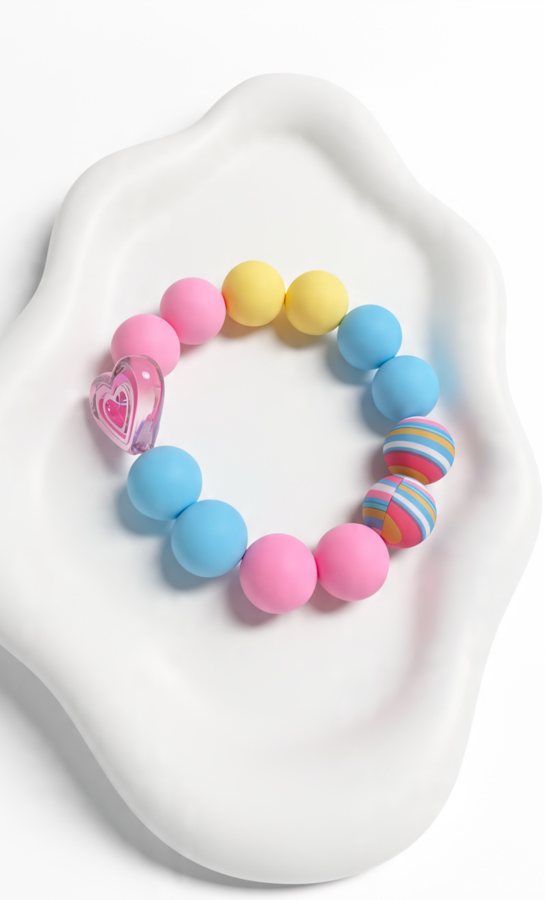 Pink, yellow and blue silicone bracelet with striped beads and a clear pink heart