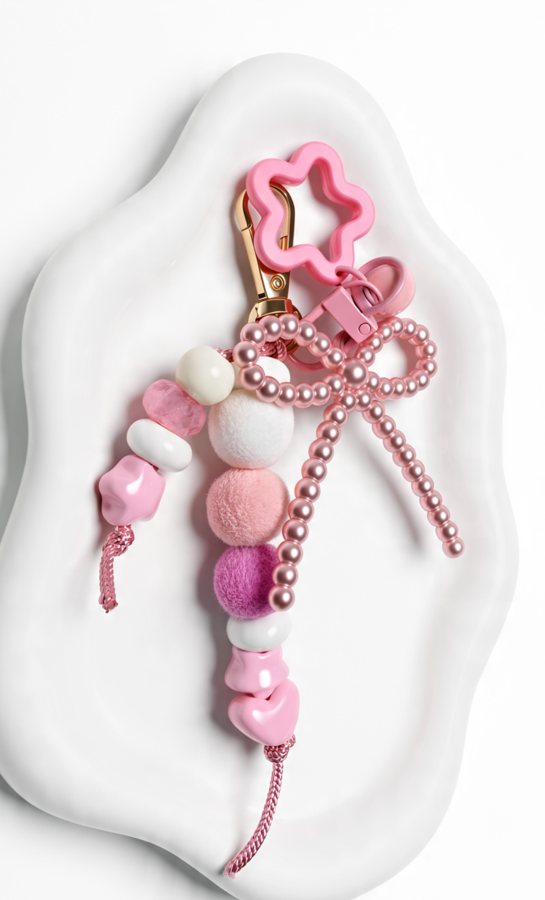 Pink bag charm with a pearl bow, fuzzy beads and a heart bead
