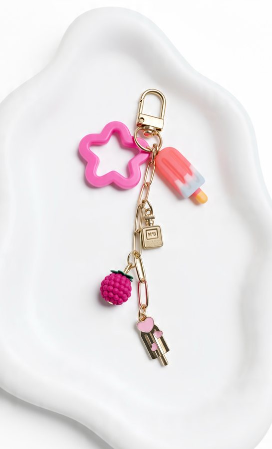 Gold chain bag charm with a popsicle, raspberry and perfume bottle charm