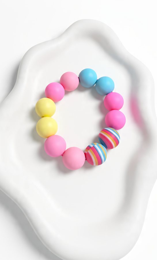 Silicone bracelet in pink, yellow and blue with two striped beads