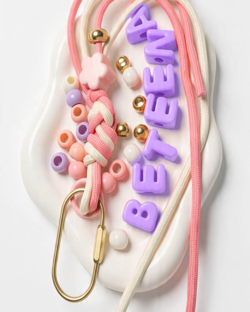 Pink and cream braided four-string paracord keychain with pink bubble letters
